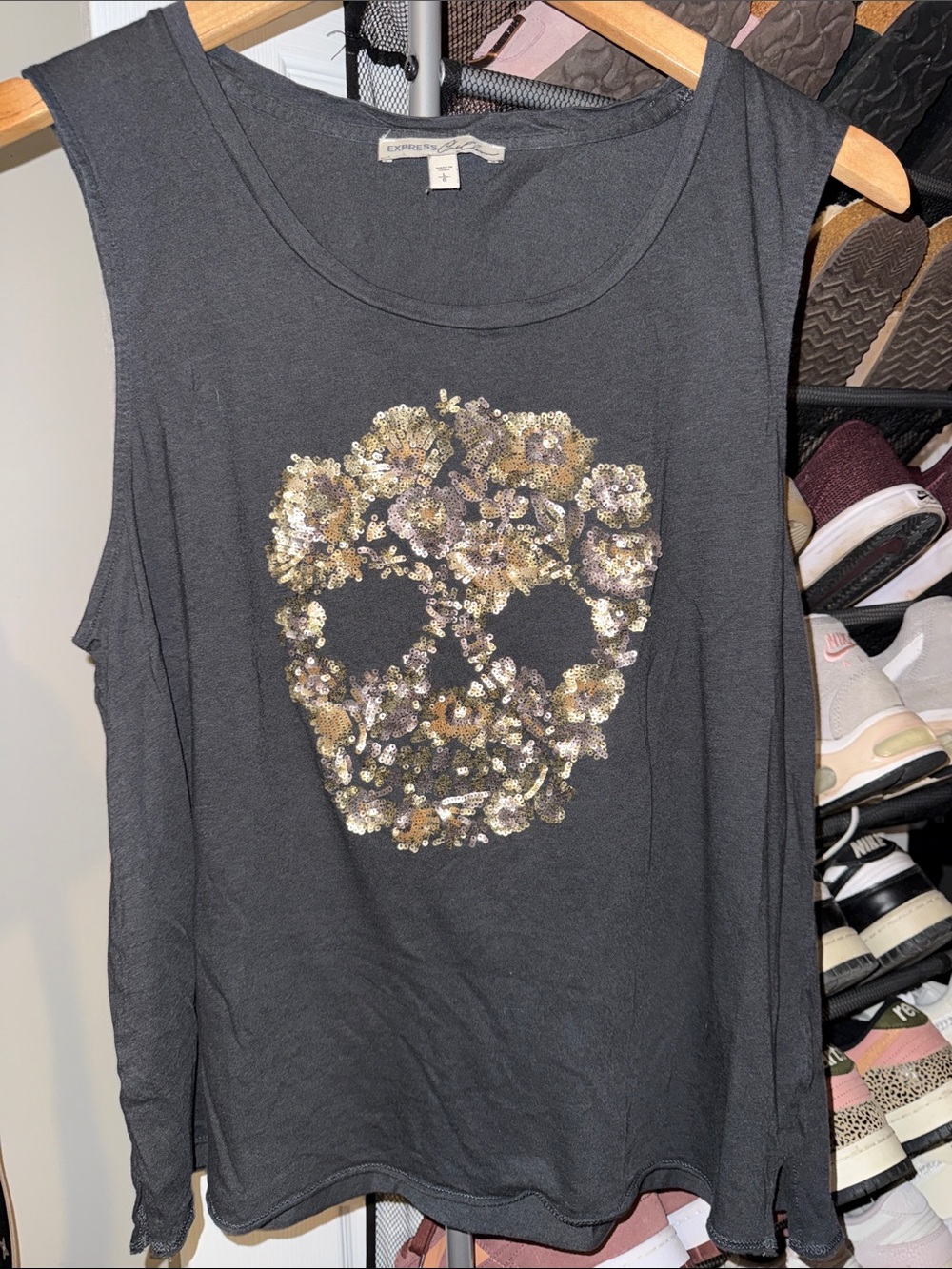 Express Black Tank Top with Gold & Silver Sequin Skull